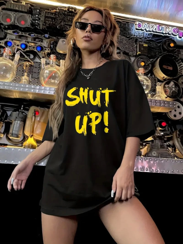Baskılı Oversize Bisiklet Yaka T-shirt - Siyah