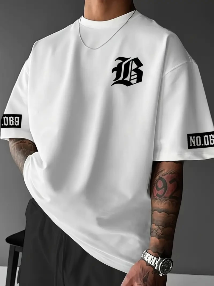 Baskılı Oversize Bisiklet Yaka T-shirt - Beyaz