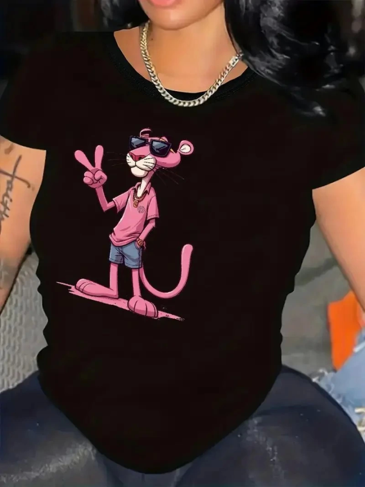 Pembe Panter Baskılı Oversize Bisiklet Yaka T-shirt - Beyaz