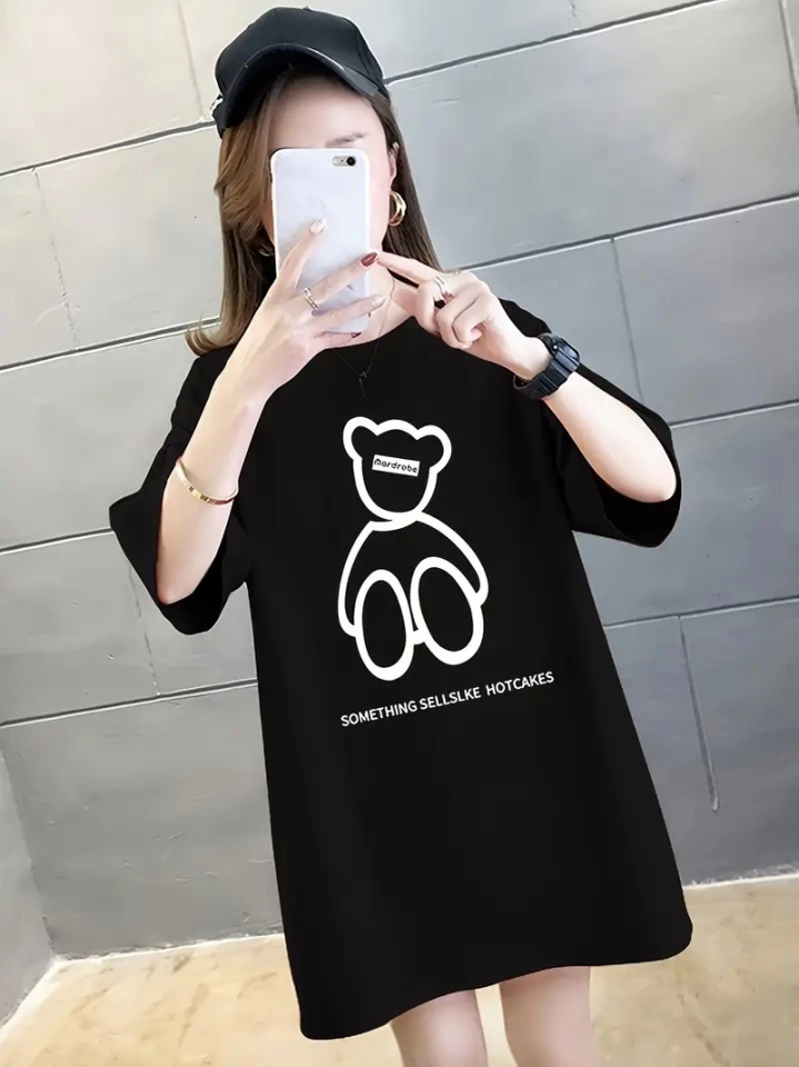 Baskılı Oversize Bisiklet Yaka T-shirt - Siyah
