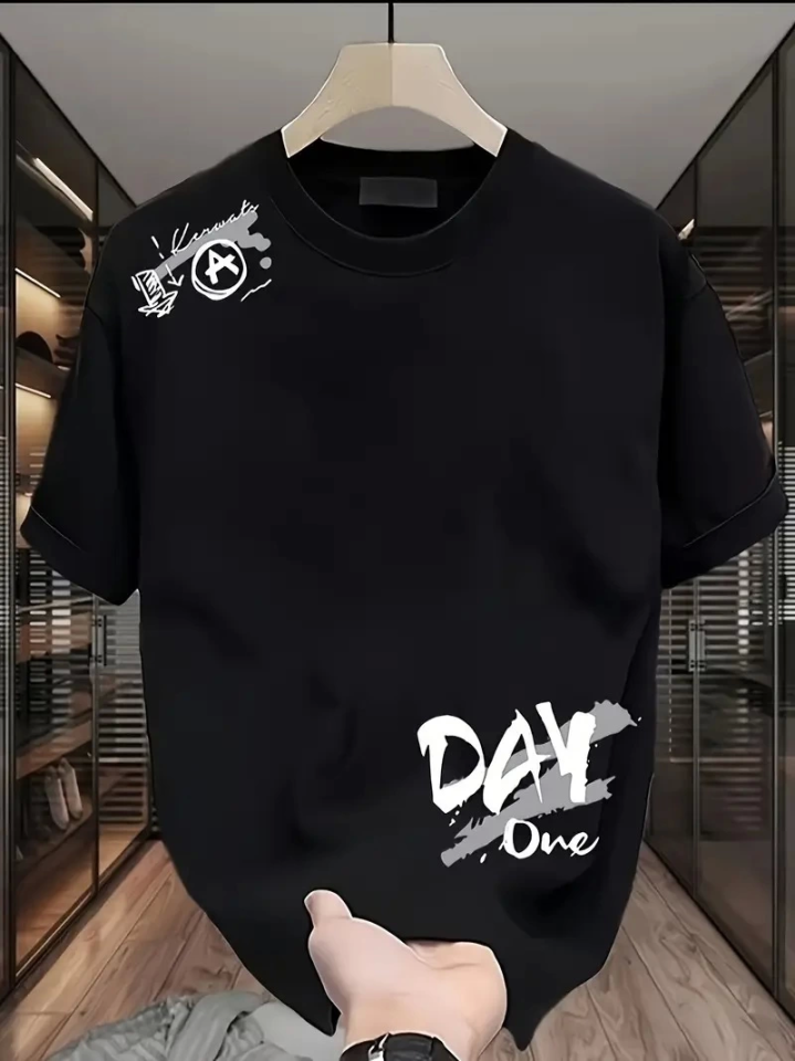 Baskılı Oversize Bisiklet Yaka T-shirt - Siyah