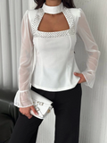 Chiffon Sleeves Pearl Bead Detail Blouse on Bust - White