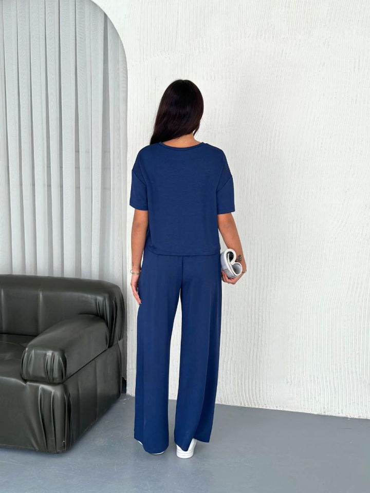 Osy Modal Yumuşak Dokulu Kumaş Bisiklet Yaka T-shirt Bol Paça Pantalon Ikili Takım -Saks Mavi