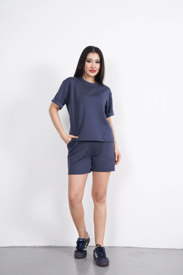 Osy Modal Yumuşak Dokulu Kumaş Bisiklet Yaka T-shirt Kısa Şort İkili Takım - Antrasit