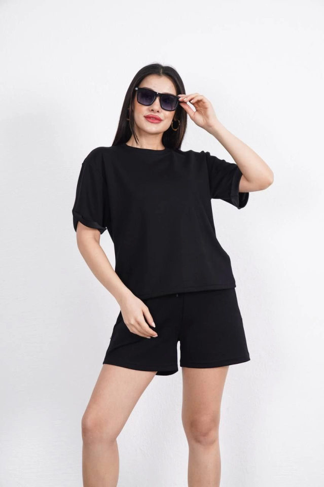 Osy Modal Yumuşak Dokulu Kumaş Bisiklet Yaka T-shirt Kısa Şort İkili Takım - Siyah