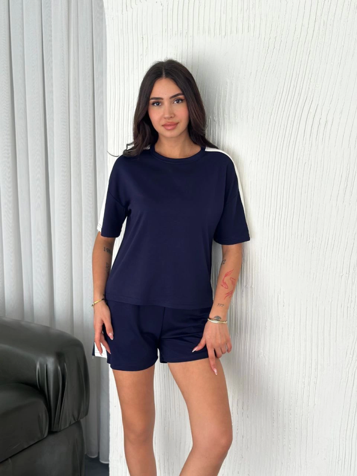 Osy Modal Yumuşak Dokulu Kumaş Parçalı Bisiklet Yaka T-shirt Kısa Şort İkili Takım - Mavi