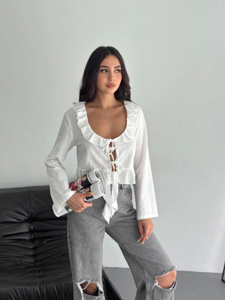 Linen Long Sleeve Blouse with Tie Detail - White