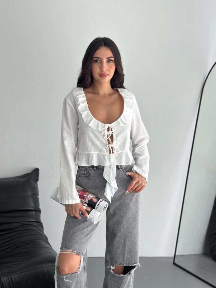 Linen Long Sleeve Blouse with Tie Detail - White