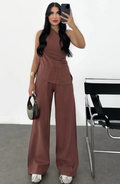 Keten Asimetrik Tek Omuzlu Bluz Pantalon Takım- Bordo