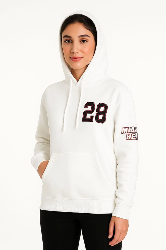 Üç İplik Kapüşonlu Ön Ve Arka Baskılı SweatShirt Hoodie - Beyaz