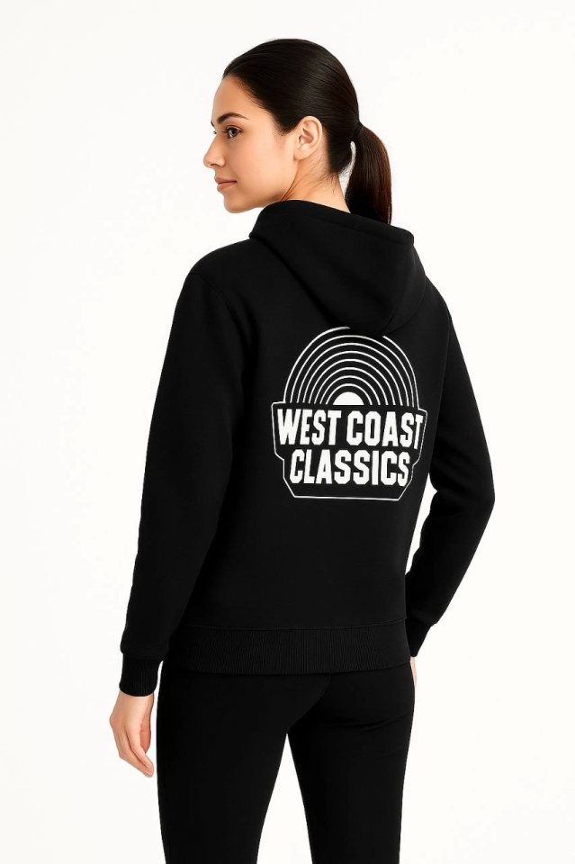 Üç İplik Kapüşonlu Ön Ve Arka Baskılı SweatShirt Hoodie - Siyah
