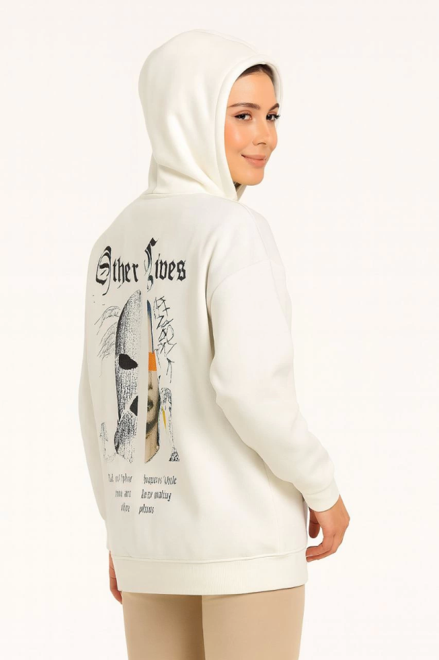 Three-Thread Hooded Front and Back Printed Sweatshirt Hoodie - White