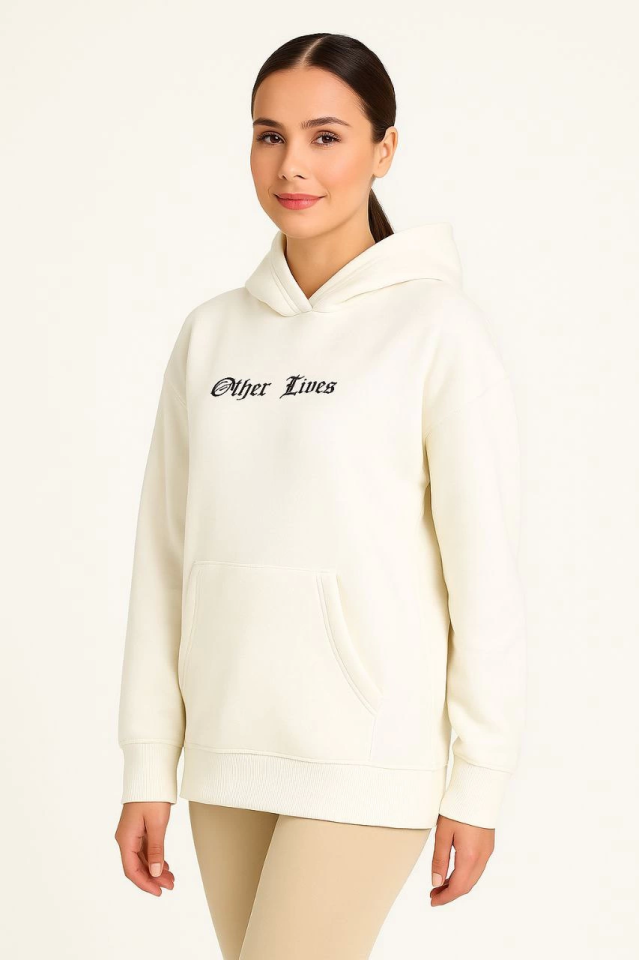 Three-Thread Hooded Front and Back Printed Sweatshirt Hoodie - White