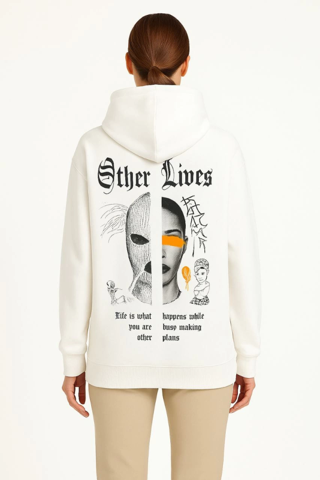 Three-Thread Hooded Front and Back Printed Sweatshirt Hoodie - White