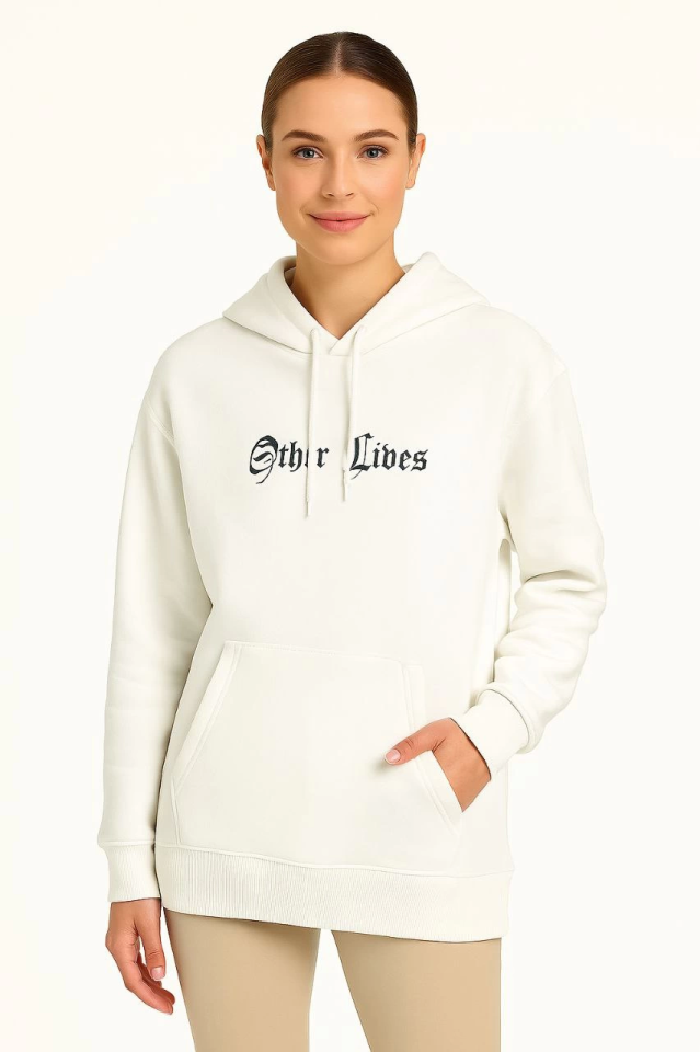 Three-Thread Hooded Front and Back Printed Sweatshirt Hoodie - White