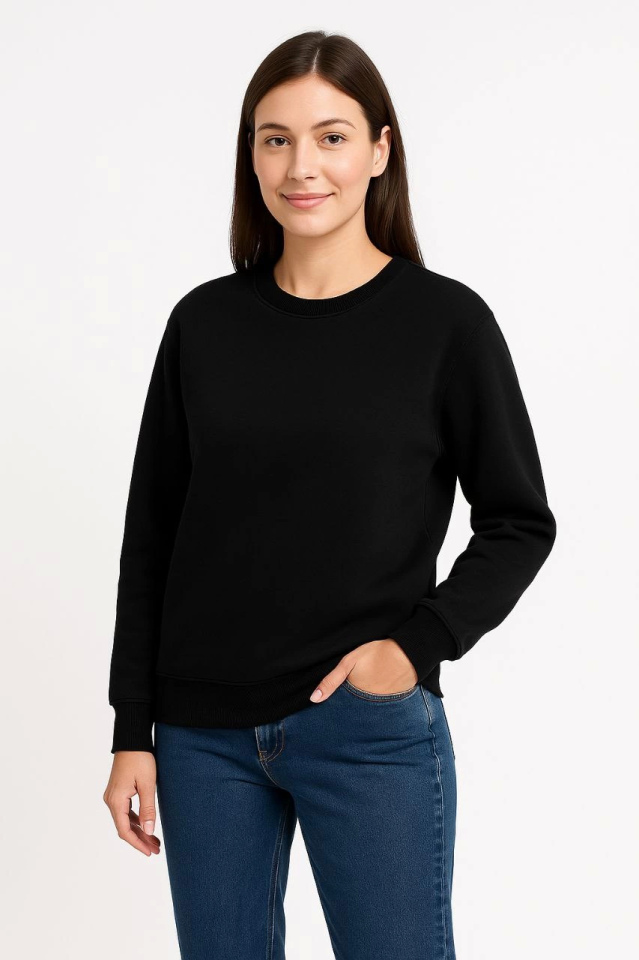 Three-Thread Plain Crew Neck Sweatshirt - Black