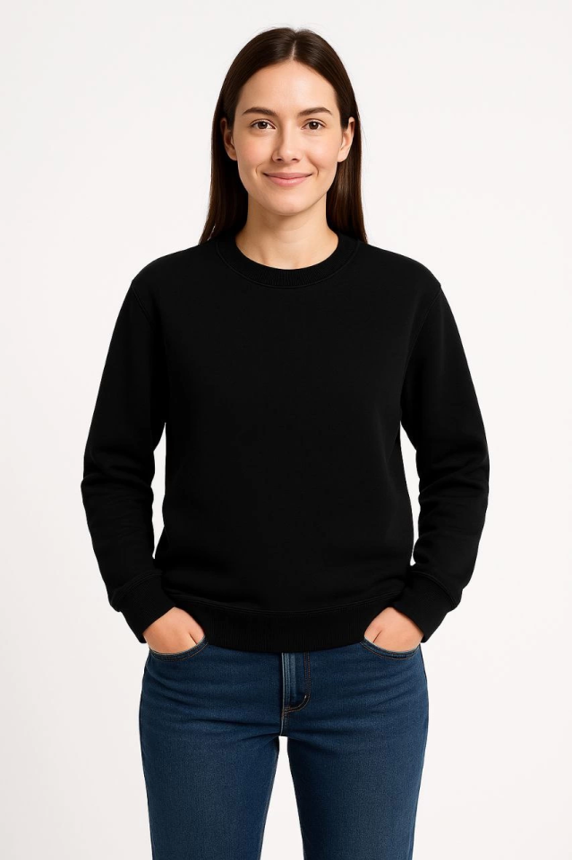 Three-Thread Plain Crew Neck Sweatshirt - Black