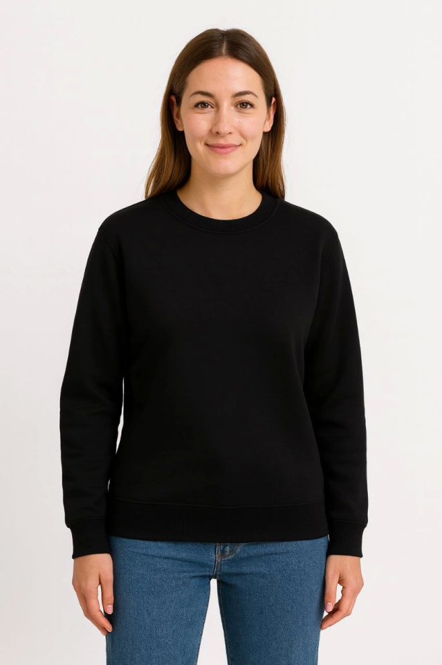 Three-Thread Plain Crew Neck Sweatshirt - Black