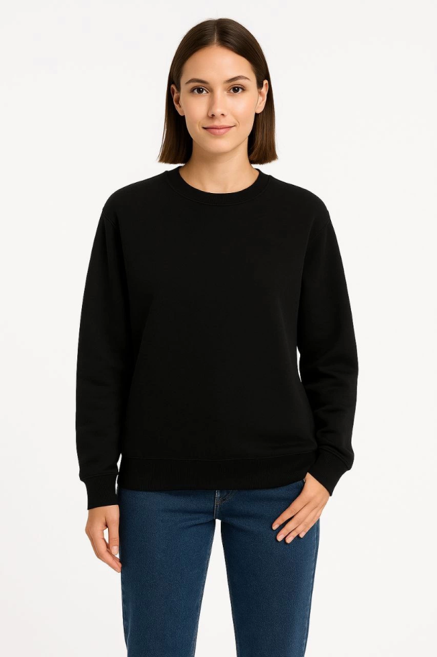 Three-Thread Plain Crew Neck Sweatshirt - Black