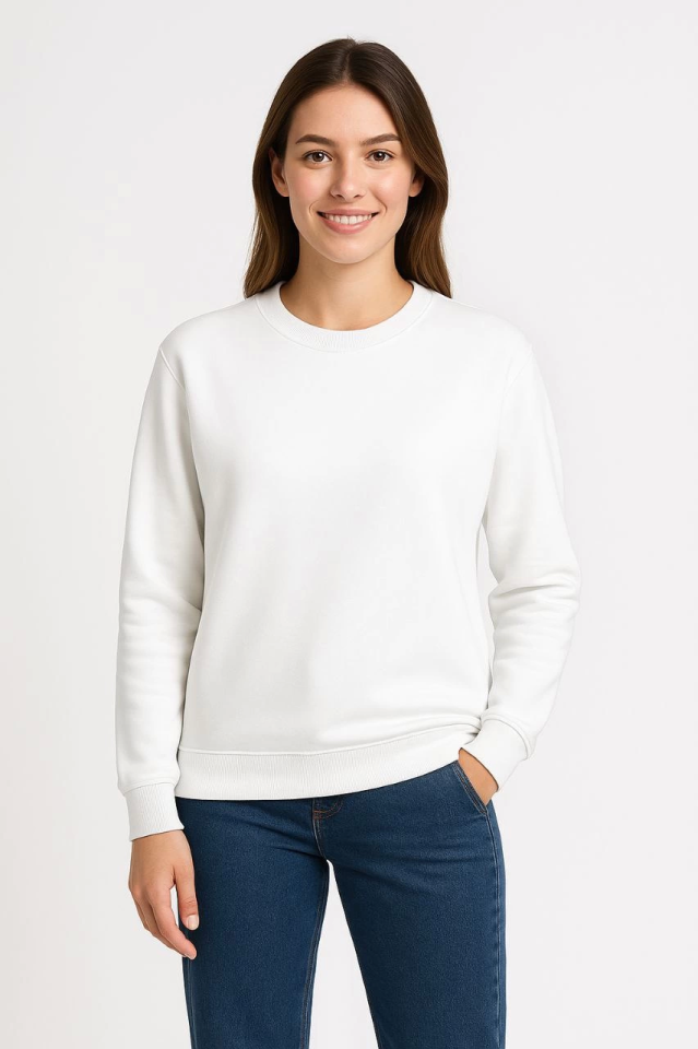Üç İplik Düz Bisiklet Yaka SweatShirt - Beyaz