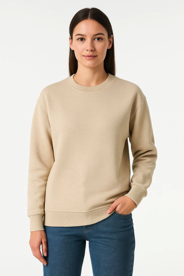 Üç İplik Düz Bisiklet Yaka SweatShirt - Bej
