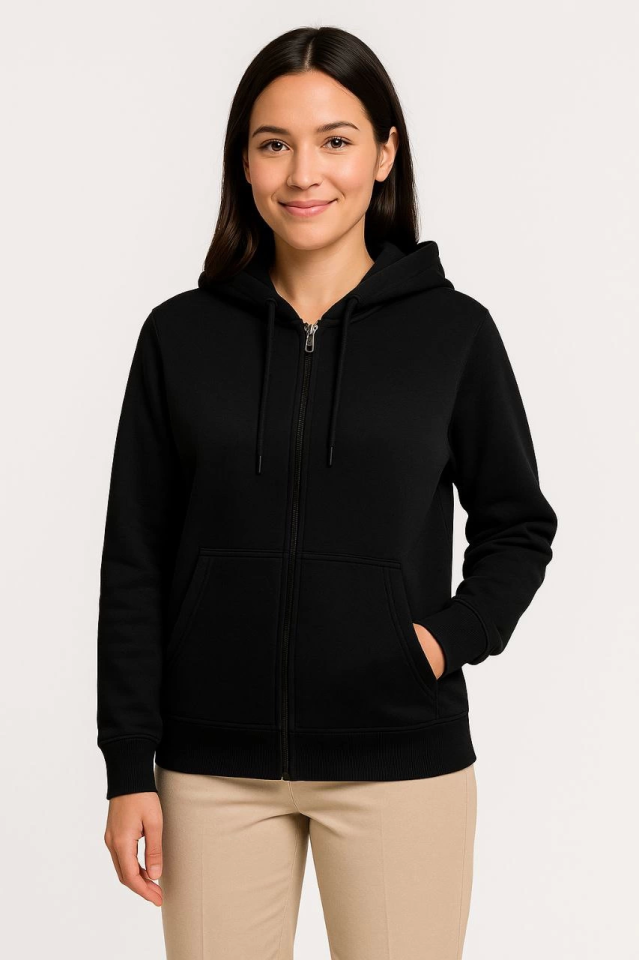 Üç İplik Kapüşonlu Tam Fermuarlı Kanguru Çepli SweatShirt Hoodie - Siyah