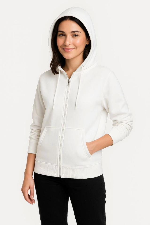 Üç İplik Kapüşonlu Tam Fermuarlı Kanguru Çepli SweatShirt Hoodie - Beyaz