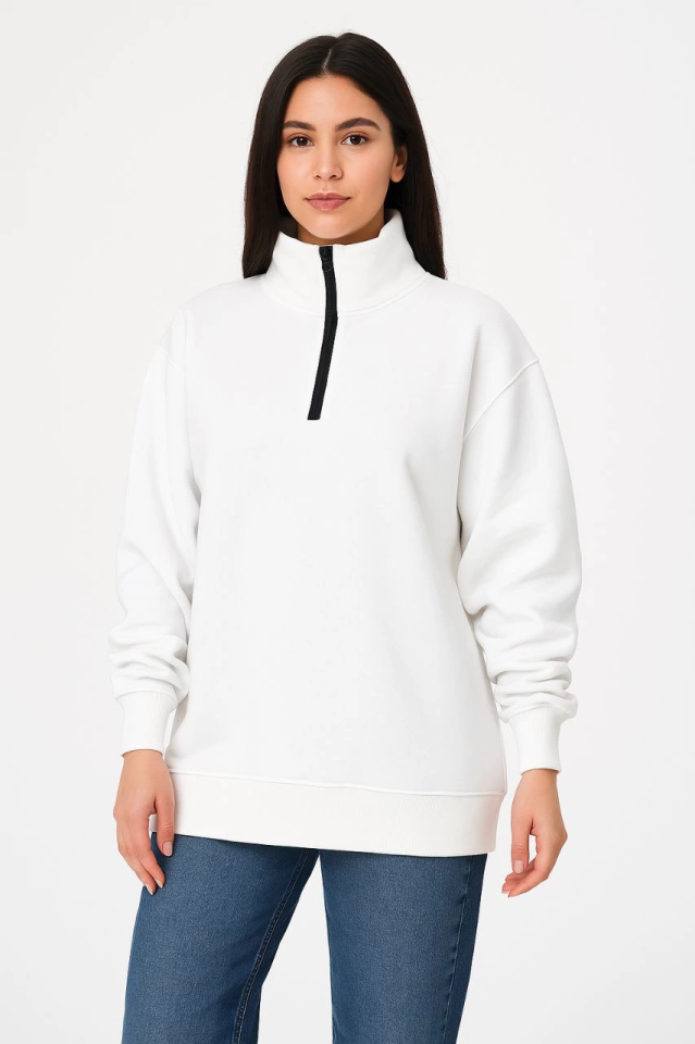 Üç İplik Dık Yaka Yarım Fermuarlı SweatShirt - Beyaz