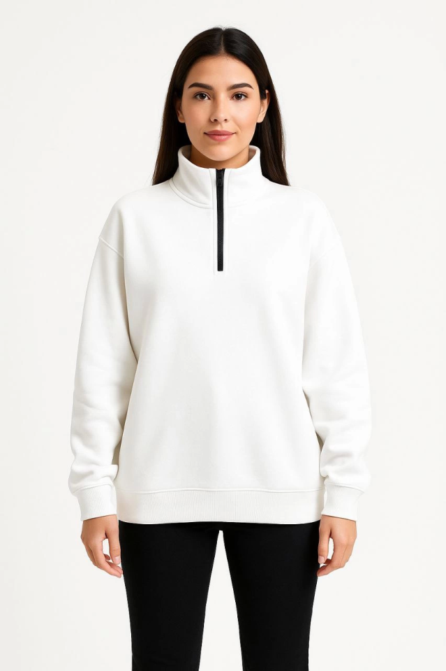 Üç İplik Dık Yaka Yarım Fermuarlı SweatShirt - Beyaz