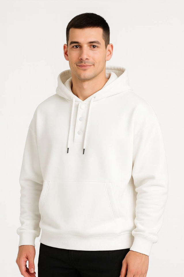 Erkek Ovarsize Kapüşonlu Swetshirt Kanguru Çepli Cıtcıtlı 3 Iplik Şardonlu Hoodie - Beyaz