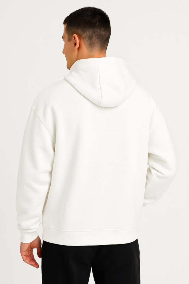Erkek Ovarsize Kapüşonlu Swetshirt Kanguru Çepli Cıtcıtlı 3 Iplik Şardonlu Hoodie - Beyaz