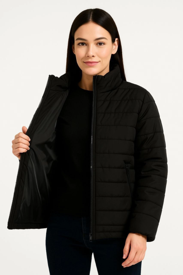Bomber Jacket – Water Repellent Fabric, Quilted Lining, Zippered, Winter - Black