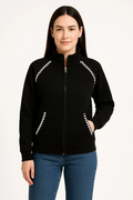 Oversize Dik Yaka Fermuarlı Sweatshirt - Zincir Nakışli Kanguru Cepli, - Siyah