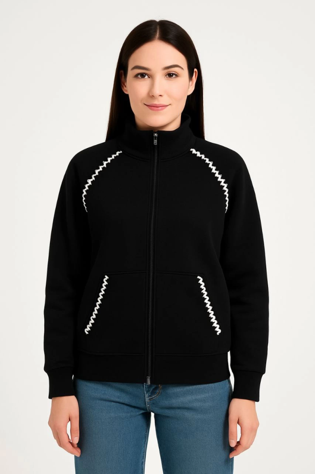 Oversize Dik Yaka Fermuarlı Sweatshirt - Zincir Nakışli Kanguru Cepli, - Siyah