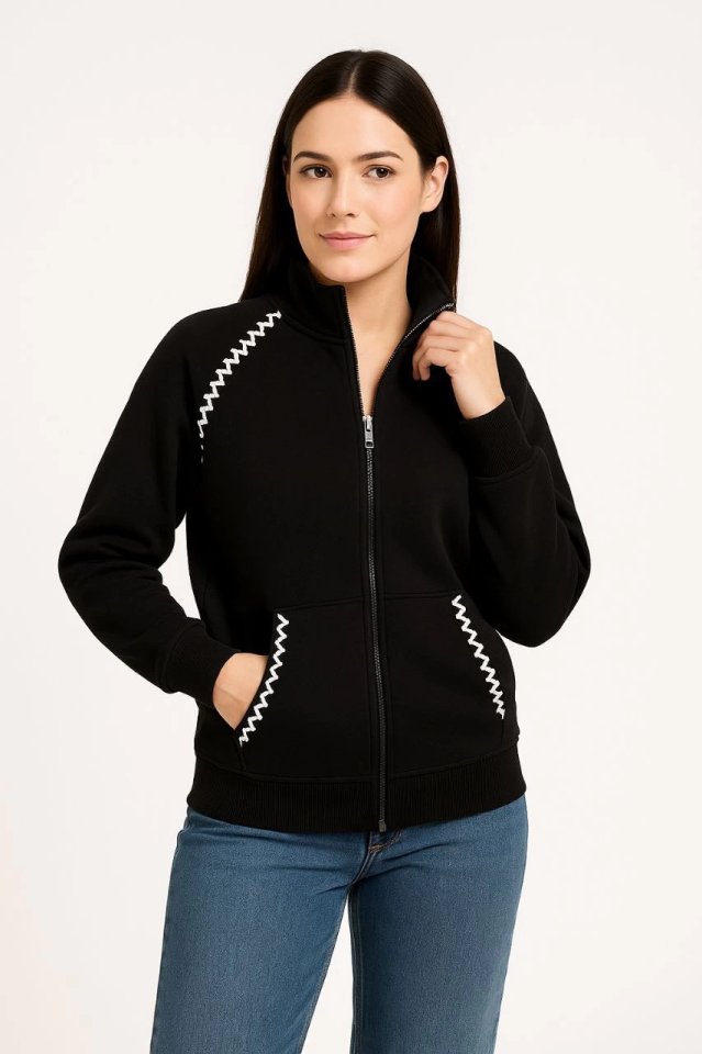 Oversize Dik Yaka Fermuarlı Sweatshirt - Zincir Nakışli Kanguru Cepli, - Siyah