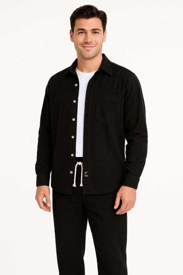 Erkek Kadife Oversize Takım – Gömlek Ve Pantolon İkili Set Füme Corduroy Şıklığı, Rahat Ve Zarif Duruş Yumuşak Dokulu Kadife Kumaş, Düğmeli Gömlek Üst Ve Lastikli Pantolon Alt Parça Ile Gün Boyu Konfor- Siyah