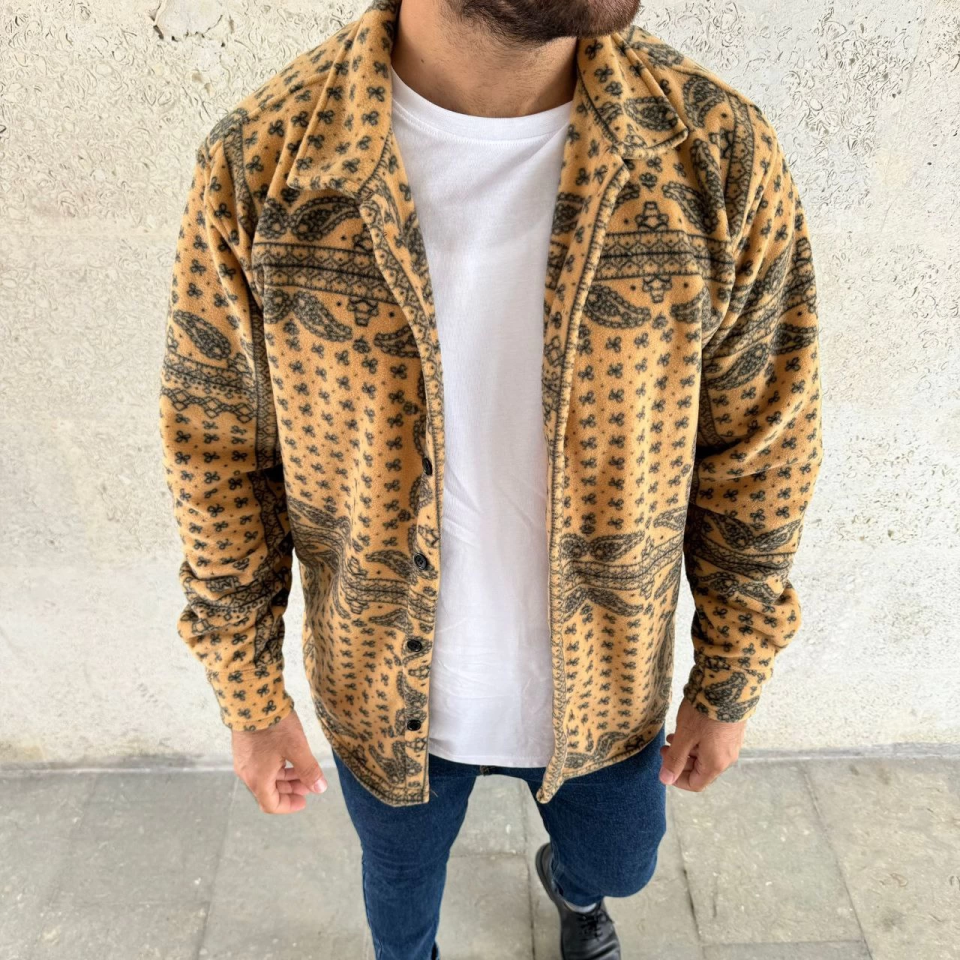 Erkek Desenli Düğmeli Polar Gömlek – Hardal Paisley Desen Yakalı, Uzun Kollu, Oversize Rahat Kalıp - Sarı