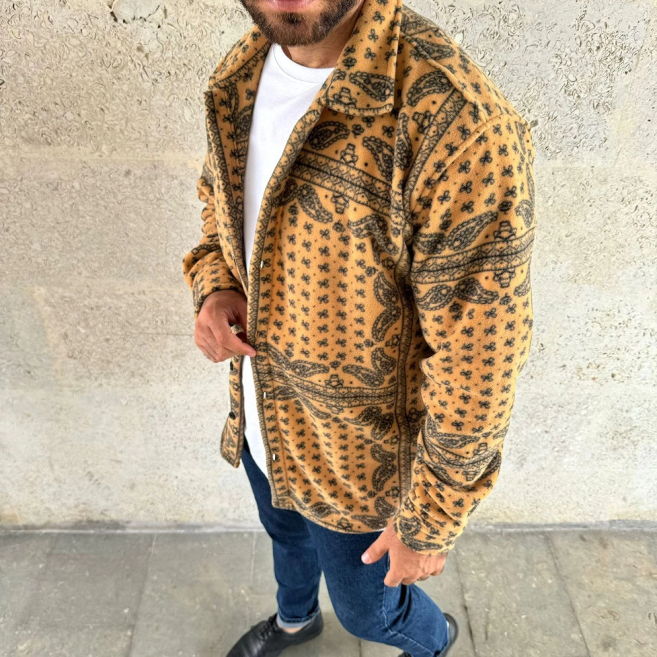 Erkek Desenli Düğmeli Polar Gömlek – Hardal Paisley Desen Yakalı, Uzun Kollu, Oversize Rahat Kalıp - Sarı