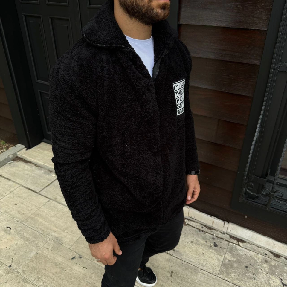 Erkek Polar Fermuarlı Sweatshirt – Kapüşonsuz, Cepli, Yumuşak Dokulu, Oversize Rahat Kalıp, Kışlık Sıcak Tutan Fermuarlı Üst - Siyah