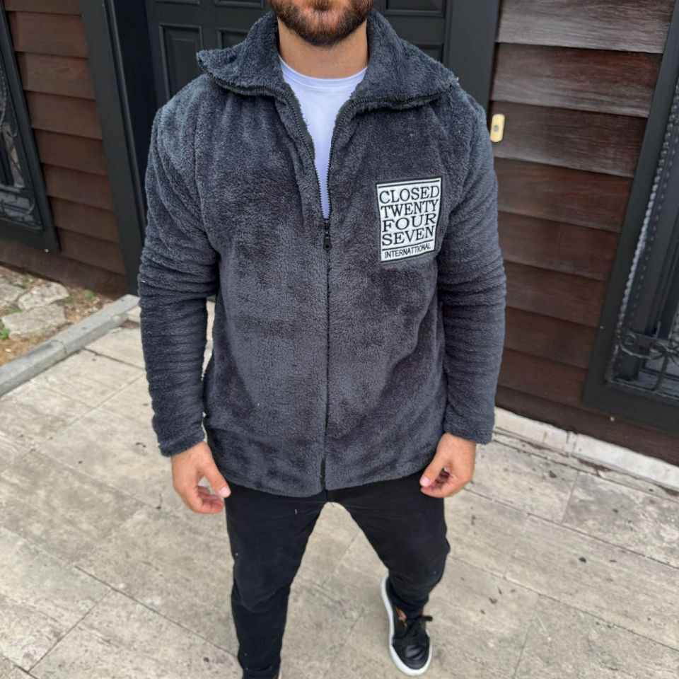 Erkek Polar Fermuarlı Sweatshirt – Kapüşonsuz, Cepli, Yumuşak Dokulu, Oversize Rahat Kalıp, Kışlık Sıcak Tutan Fermuarlı Üst - Füme