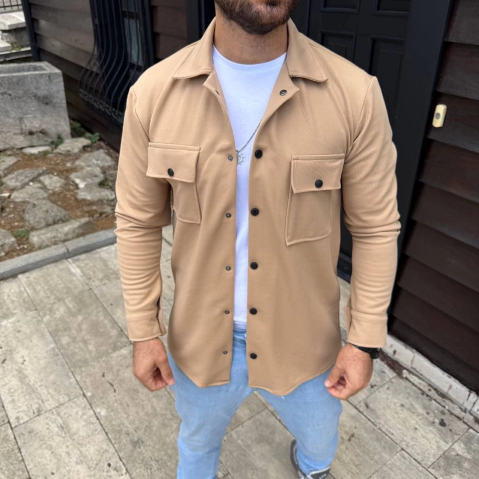 Erkek Diagonal Kumaş Cepli Çıtçıtlı Uzun Kollu, Gömlek Oversize Rahat Kalıp Günlük Şık Stil - Bej