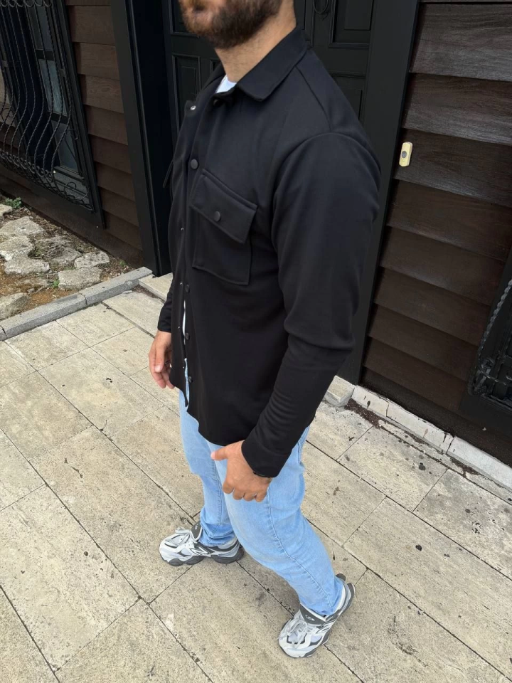 Erkek Diagonal Kumaş Cepli Çıtçıtlı Uzun Kollu, Gömlek Oversize Rahat Kalıp Günlük Şık Stil - Siyah