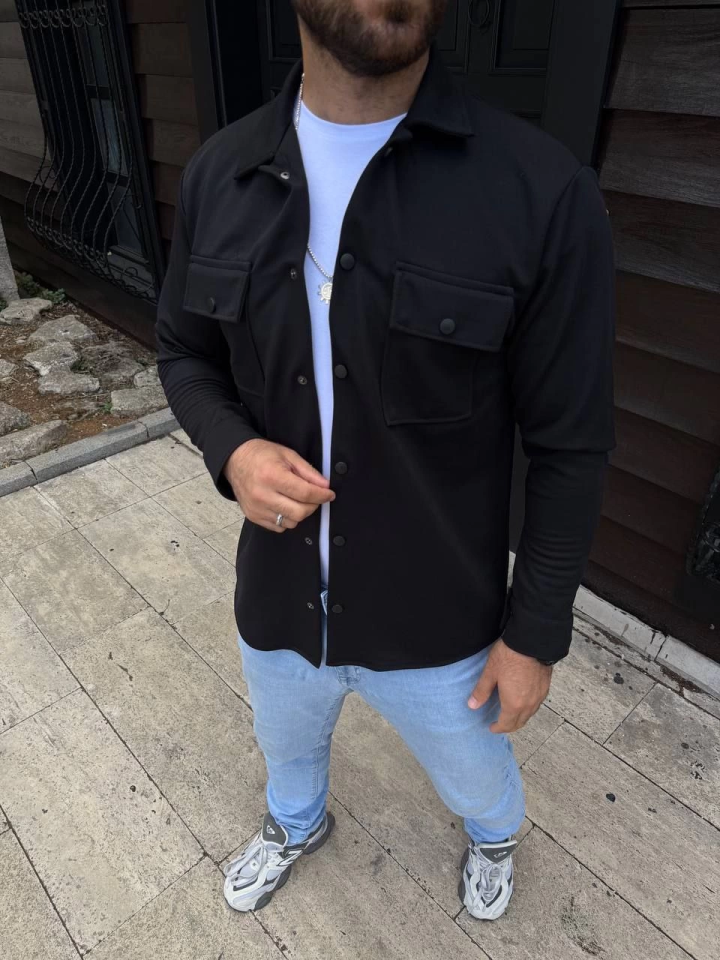 Erkek Diagonal Kumaş Cepli Çıtçıtlı Uzun Kollu, Gömlek Oversize Rahat Kalıp Günlük Şık Stil - Siyah