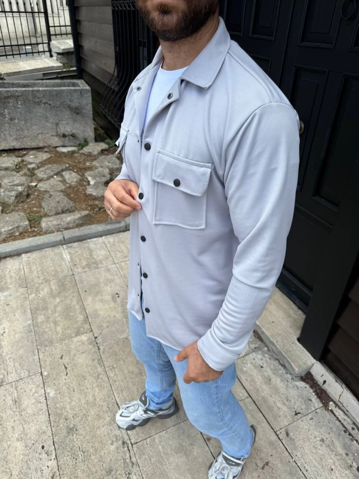 Erkek Diagonal Kumaş Cepli Çıtçıtlı Uzun Kollu, Gömlek Oversize Rahat Kalıp Günlük Şık Stil - Gri