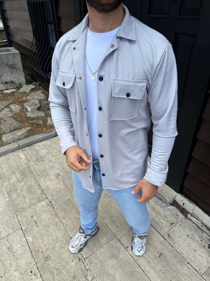 Erkek Diagonal Kumaş Cepli Çıtçıtlı Uzun Kollu, Gömlek Oversize Rahat Kalıp Günlük Şık Stil - Gri
