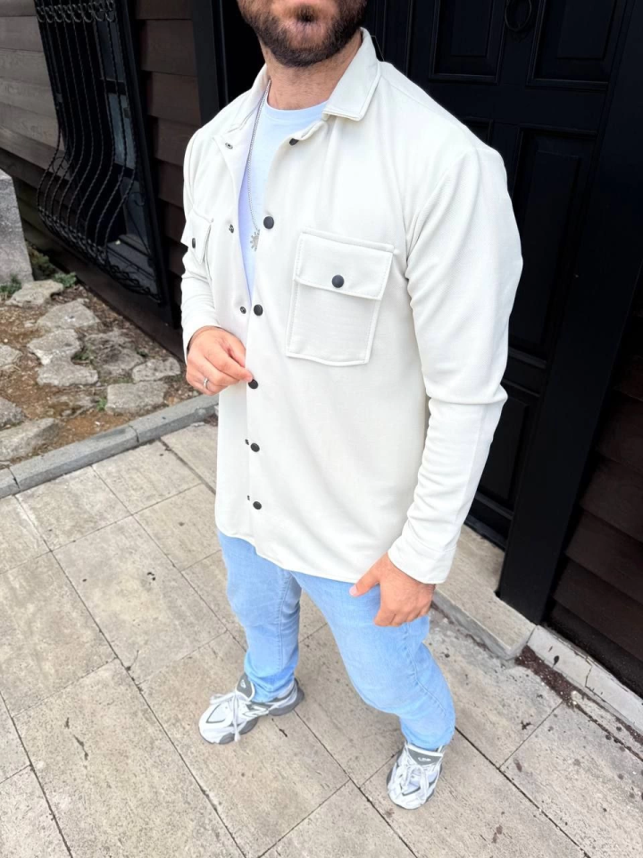 Erkek Diagonal Kumaş Cepli Çıtçıtlı Uzun Kollu, Gömlek Oversize Rahat Kalıp Günlük Şık Stil - Beyaz
