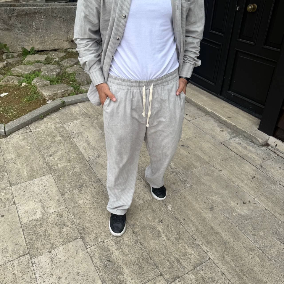 Erkek Fitilli Kadife Cepli Buggy Pantolon Oversize Rahat Kalıp - Gri