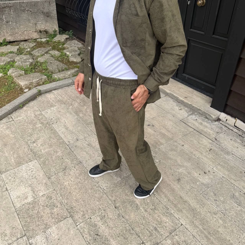 Erkek Fitilli Kadife Cepli Buggy Pantolon Oversize Rahat Kalıp - Haki