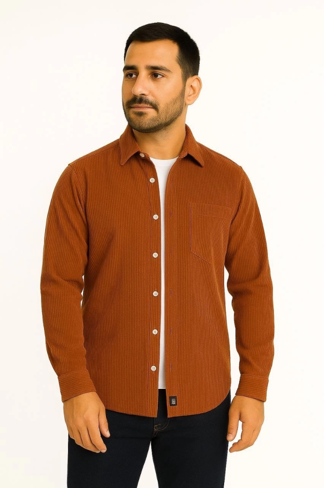 Erkek Fitilli Kadife Cepli Gömlek Oversize Rahat Kalıp - Kahverengi