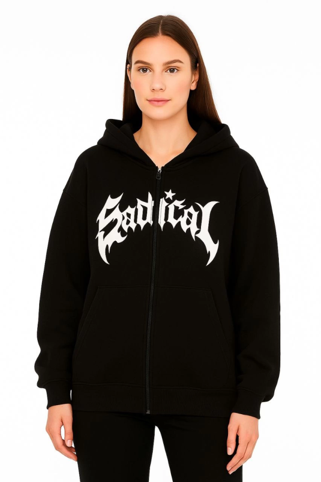 Oversize Hooded Sweatshirt - 3-Thread Brushed Cotton Fabric, Printed Front, Zippered, Relaxed Fit, Winter and Street Style Sweat - Black